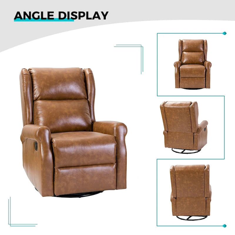 Fauteuil inclinable pivotant en cuir végétalien coloris sauge / vert / marine / turquoise / marron / camel / noir / jaune / gris / bordeaux / ivoire / saddle avec dossier à oreilles et repose-pieds escamotable, 1 place
