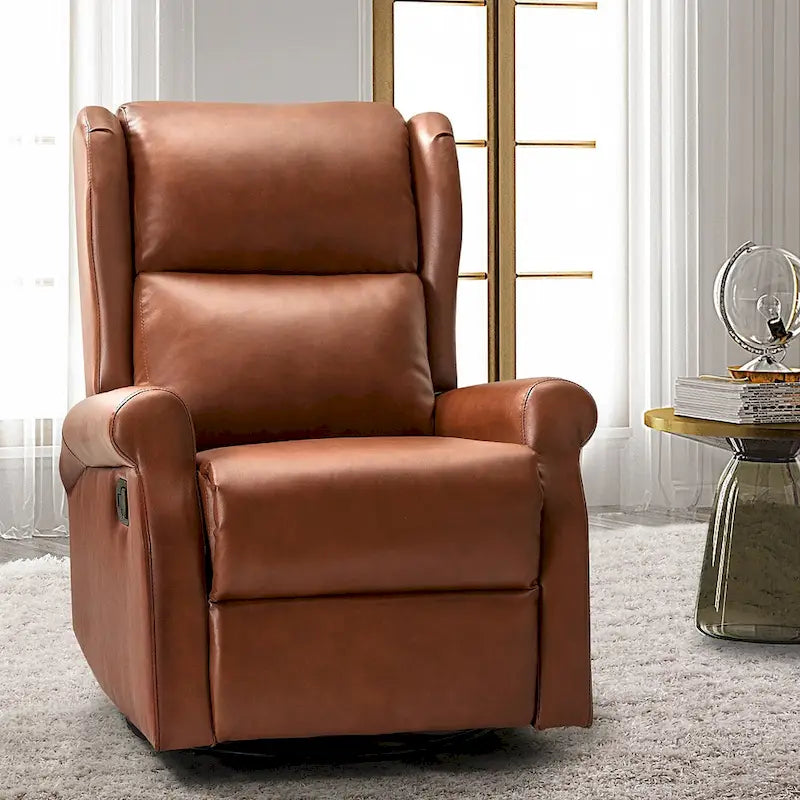 Fauteuil inclinable pivotant en cuir végétalien coloris sauge / vert / marine / turquoise / marron / camel / noir / jaune / gris / bordeaux / ivoire / saddle avec dossier à oreilles et repose-pieds escamotable, 1 place