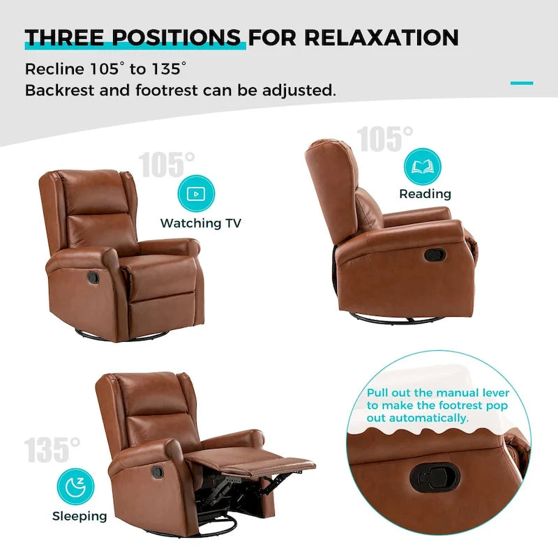 Fauteuil inclinable pivotant en cuir végétalien coloris sauge / vert / marine / turquoise / marron / camel / noir / jaune / gris / bordeaux / ivoire / saddle avec dossier à oreilles et repose-pieds escamotable, 1 place