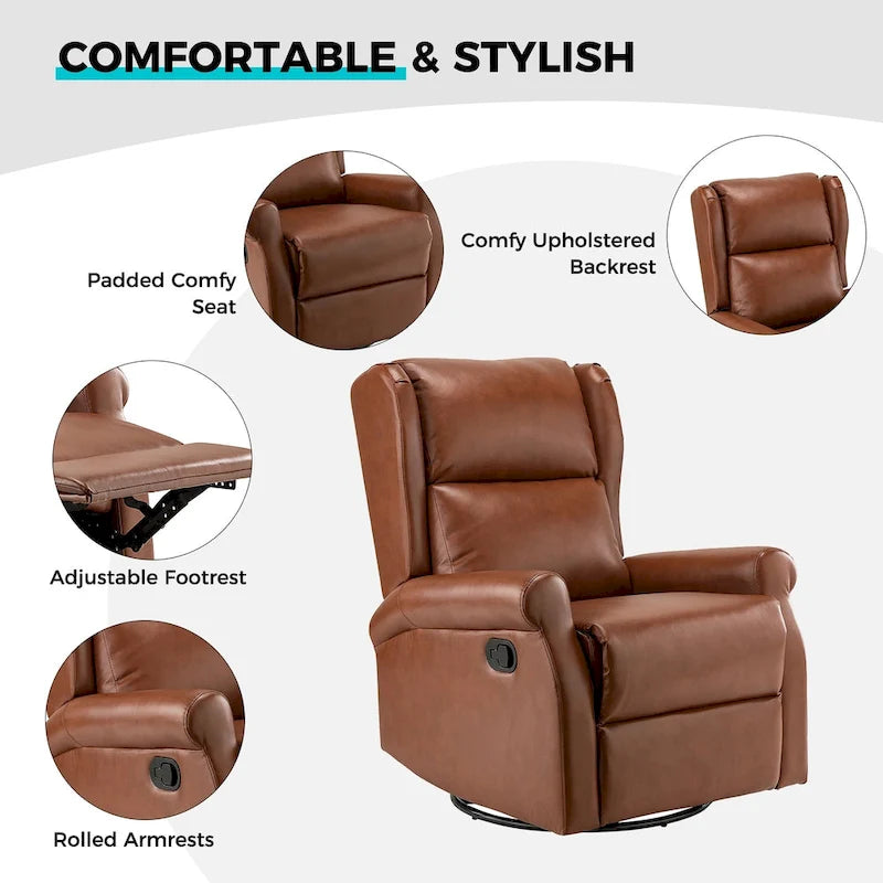 Fauteuil inclinable pivotant en cuir végétalien coloris sauge / vert / marine / turquoise / marron / camel / noir / jaune / gris / bordeaux / ivoire / saddle avec dossier à oreilles et repose-pieds escamotable, 1 place