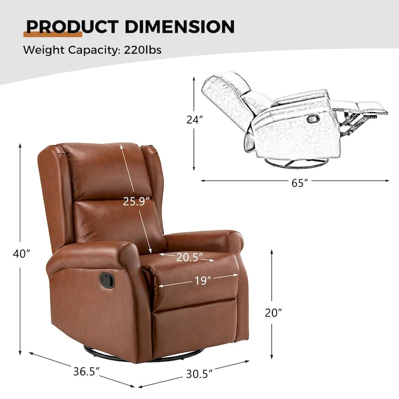 Fauteuil inclinable pivotant en cuir végétalien coloris sauge / vert / marine / turquoise / marron / camel / noir / jaune / gris / bordeaux / ivoire / saddle avec dossier à oreilles et repose-pieds escamotable, 1 place
