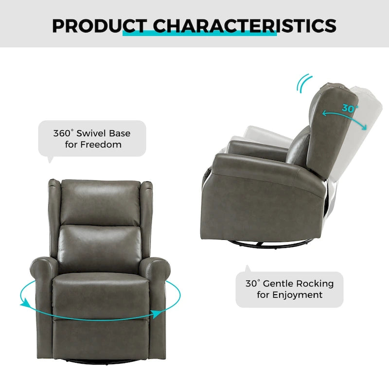 Fauteuil inclinable pivotant en cuir végétalien coloris sauge / vert / marine / turquoise / marron / camel / noir / jaune / gris / bordeaux / ivoire / saddle avec dossier à oreilles et repose-pieds escamotable, 1 place