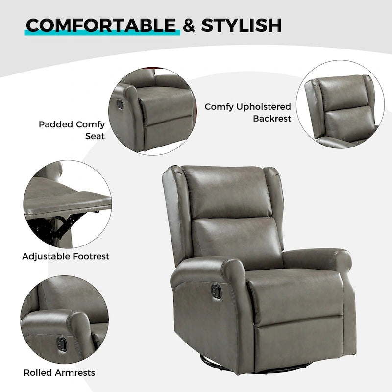 Fauteuil inclinable pivotant en cuir végétalien coloris sauge / vert / marine / turquoise / marron / camel / noir / jaune / gris / bordeaux / ivoire / saddle avec dossier à oreilles et repose-pieds escamotable, 1 place