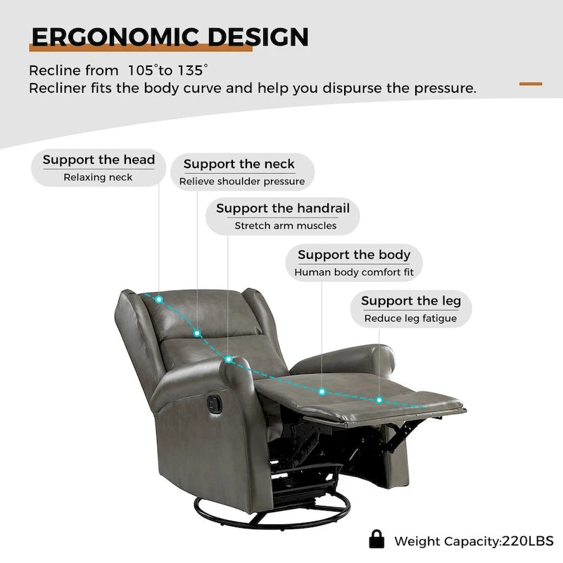 Fauteuil inclinable pivotant en cuir végétalien coloris sauge / vert / marine / turquoise / marron / camel / noir / jaune / gris / bordeaux / ivoire / saddle avec dossier à oreilles et repose-pieds escamotable, 1 place