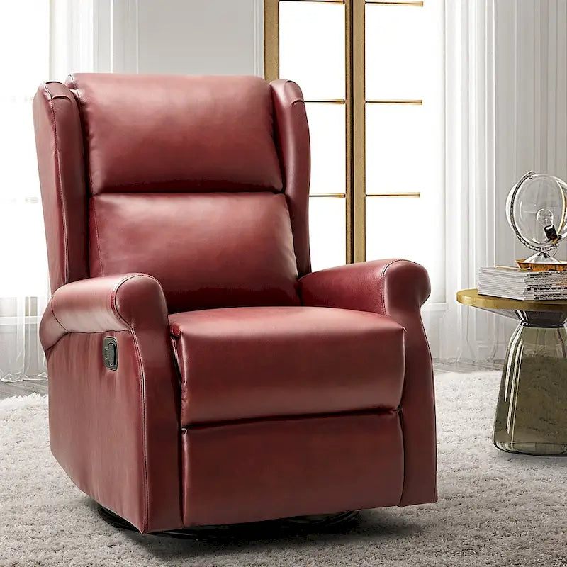 Fauteuil inclinable pivotant en cuir végétalien coloris sauge / vert / marine / turquoise / marron / camel / noir / jaune / gris / bordeaux / ivoire / saddle avec dossier à oreilles et repose-pieds escamotable, 1 place