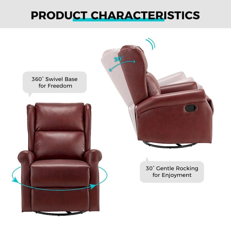 Fauteuil inclinable pivotant en cuir végétalien coloris sauge / vert / marine / turquoise / marron / camel / noir / jaune / gris / bordeaux / ivoire / saddle avec dossier à oreilles et repose-pieds escamotable, 1 place