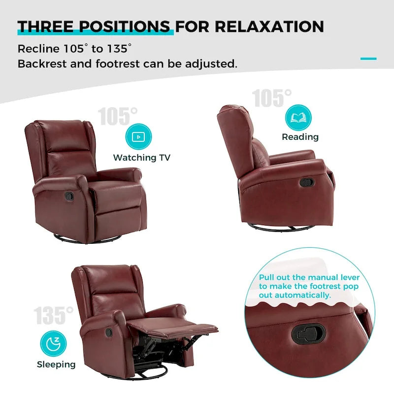 Fauteuil inclinable pivotant en cuir végétalien coloris sauge / vert / marine / turquoise / marron / camel / noir / jaune / gris / bordeaux / ivoire / saddle avec dossier à oreilles et repose-pieds escamotable, 1 place