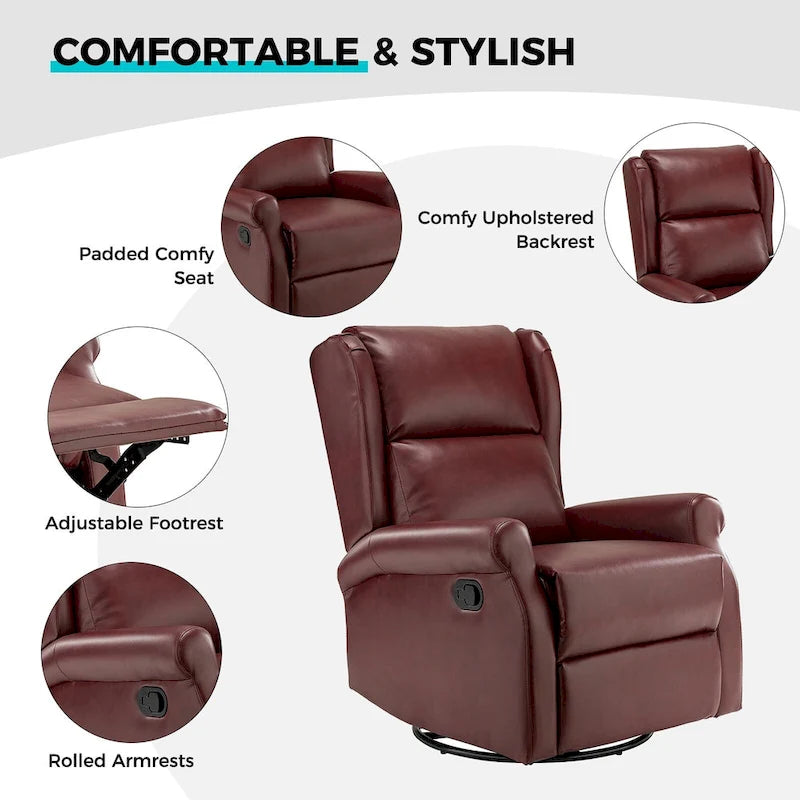 Fauteuil inclinable pivotant en cuir végétalien coloris sauge / vert / marine / turquoise / marron / camel / noir / jaune / gris / bordeaux / ivoire / saddle avec dossier à oreilles et repose-pieds escamotable, 1 place