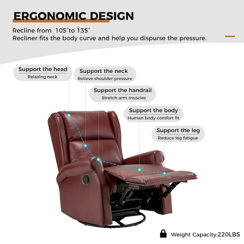 Fauteuil inclinable pivotant en cuir végétalien coloris sauge / vert / marine / turquoise / marron / camel / noir / jaune / gris / bordeaux / ivoire / saddle avec dossier à oreilles et repose-pieds escamotable, 1 place