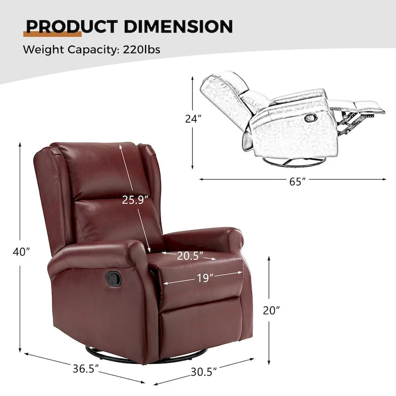 Fauteuil inclinable pivotant en cuir végétalien coloris sauge / vert / marine / turquoise / marron / camel / noir / jaune / gris / bordeaux / ivoire / saddle avec dossier à oreilles et repose-pieds escamotable, 1 place