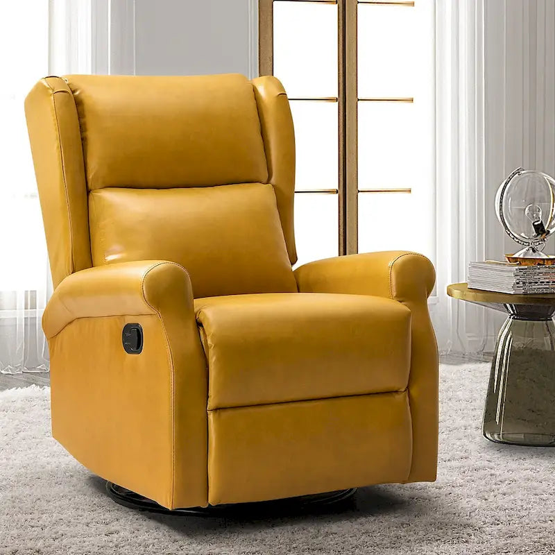 Fauteuil inclinable pivotant en cuir végétalien coloris sauge / vert / marine / turquoise / marron / camel / noir / jaune / gris / bordeaux / ivoire / saddle avec dossier à oreilles et repose-pieds escamotable, 1 place