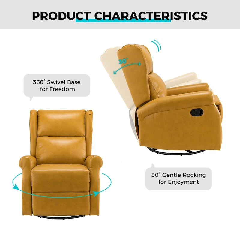 Fauteuil inclinable pivotant en cuir végétalien coloris sauge / vert / marine / turquoise / marron / camel / noir / jaune / gris / bordeaux / ivoire / saddle avec dossier à oreilles et repose-pieds escamotable, 1 place