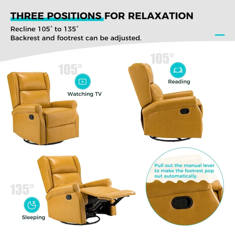 Fauteuil inclinable pivotant en cuir végétalien coloris sauge / vert / marine / turquoise / marron / camel / noir / jaune / gris / bordeaux / ivoire / saddle avec dossier à oreilles et repose-pieds escamotable, 1 place