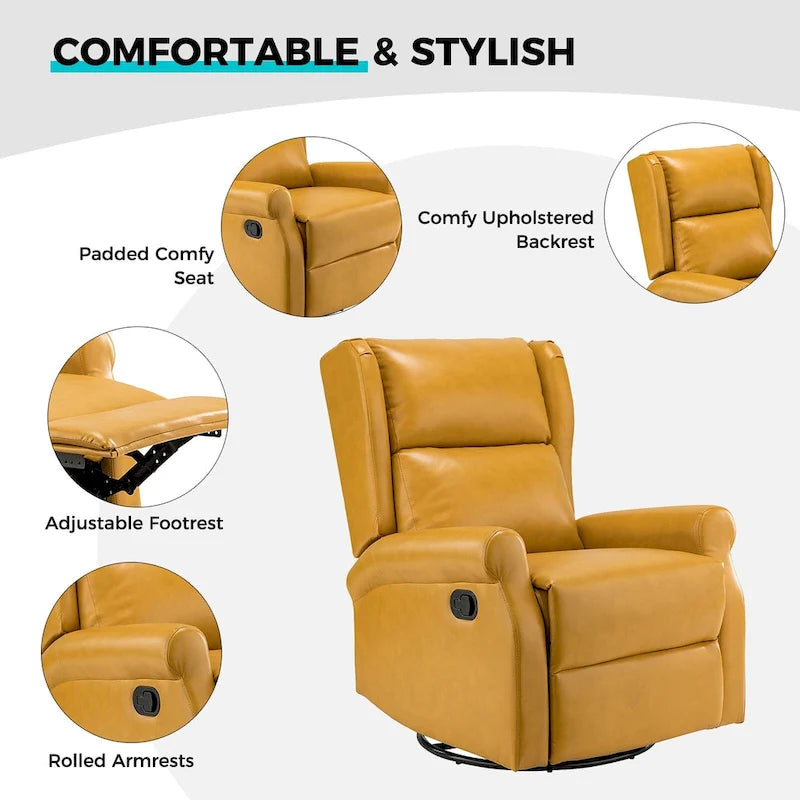 Fauteuil inclinable pivotant en cuir végétalien coloris sauge / vert / marine / turquoise / marron / camel / noir / jaune / gris / bordeaux / ivoire / saddle avec dossier à oreilles et repose-pieds escamotable, 1 place