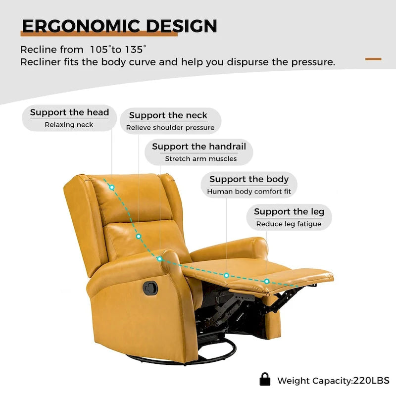 Fauteuil inclinable pivotant en cuir végétalien coloris sauge / vert / marine / turquoise / marron / camel / noir / jaune / gris / bordeaux / ivoire / saddle avec dossier à oreilles et repose-pieds escamotable, 1 place