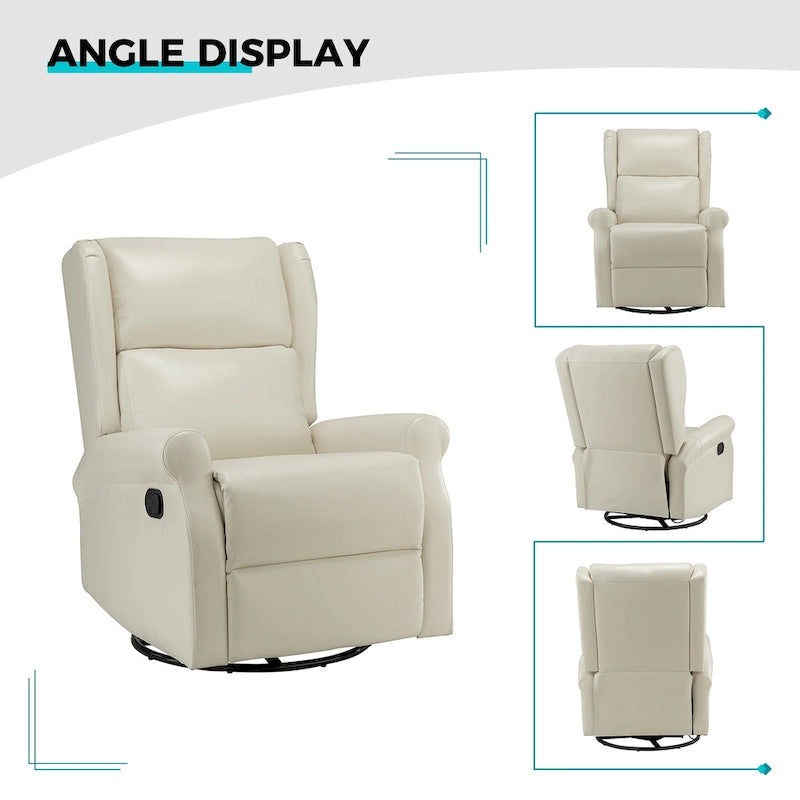 Fauteuil inclinable pivotant en cuir végétalien coloris sauge / vert / marine / turquoise / marron / camel / noir / jaune / gris / bordeaux / ivoire / saddle avec dossier à oreilles et repose-pieds escamotable, 1 place