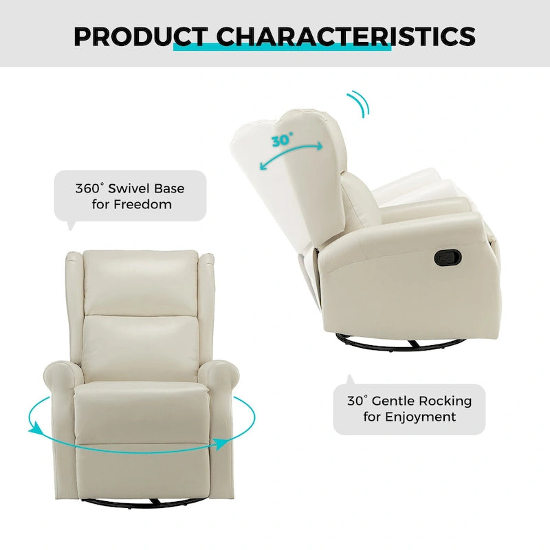 Fauteuil inclinable pivotant en cuir végétalien coloris sauge / vert / marine / turquoise / marron / camel / noir / jaune / gris / bordeaux / ivoire / saddle avec dossier à oreilles et repose-pieds escamotable, 1 place