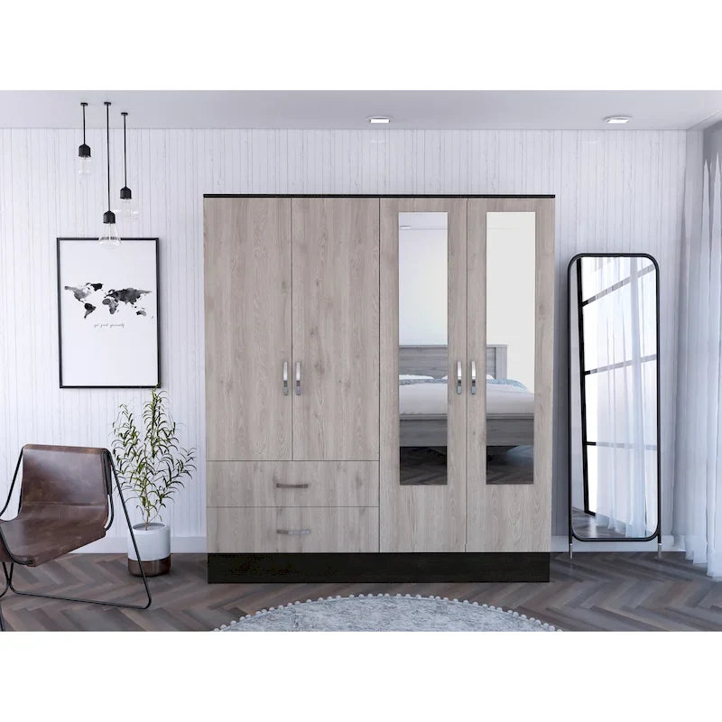 Armoire en aggloméré noir et gris clair avec 9 étagères, 2 armoires à double porte miroir, 2 tiroirs et tringle à vêtements