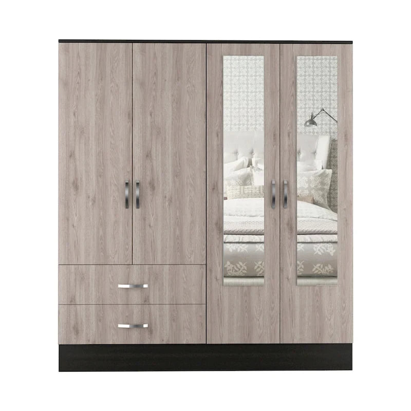 Armoire en aggloméré noir et gris clair avec 9 étagères, 2 armoires à double porte miroir, 2 tiroirs et tringle à vêtements