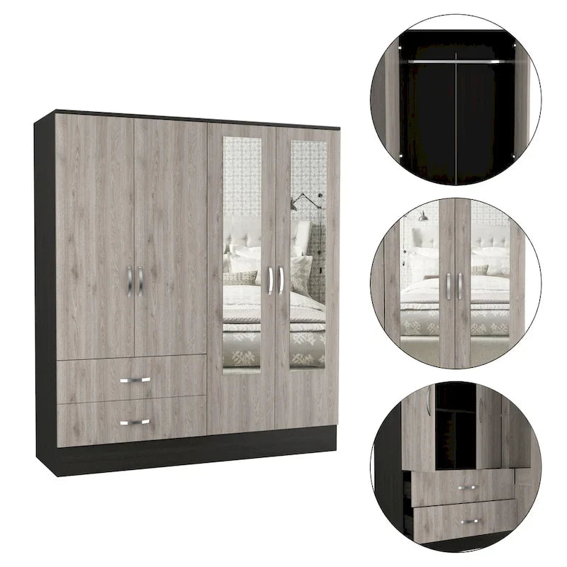 Armoire en aggloméré noir et gris clair avec 9 étagères, 2 armoires à double porte miroir, 2 tiroirs et tringle à vêtements
