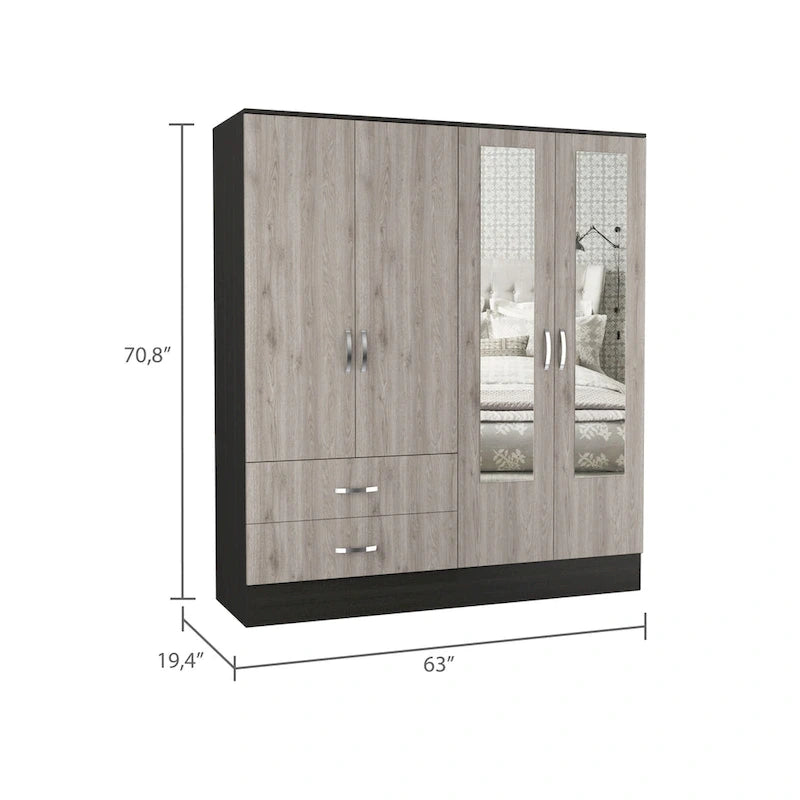 Armoire en aggloméré noir et gris clair avec 9 étagères, 2 armoires à double porte miroir, 2 tiroirs et tringle à vêtements
