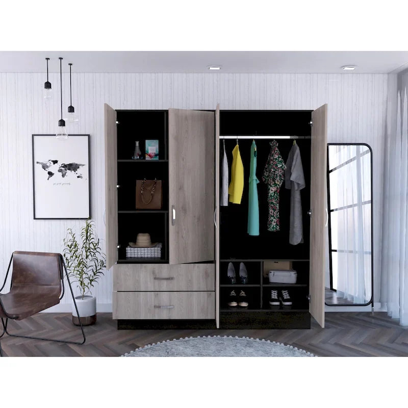 Armoire en aggloméré noir et gris clair avec 9 étagères, 2 armoires à double porte miroir, 2 tiroirs et tringle à vêtements