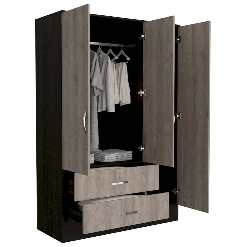 Armoire en aggloméré noir et gris clair avec 9 étagères, 2 armoires à double porte miroir, 2 tiroirs et tringle à vêtements