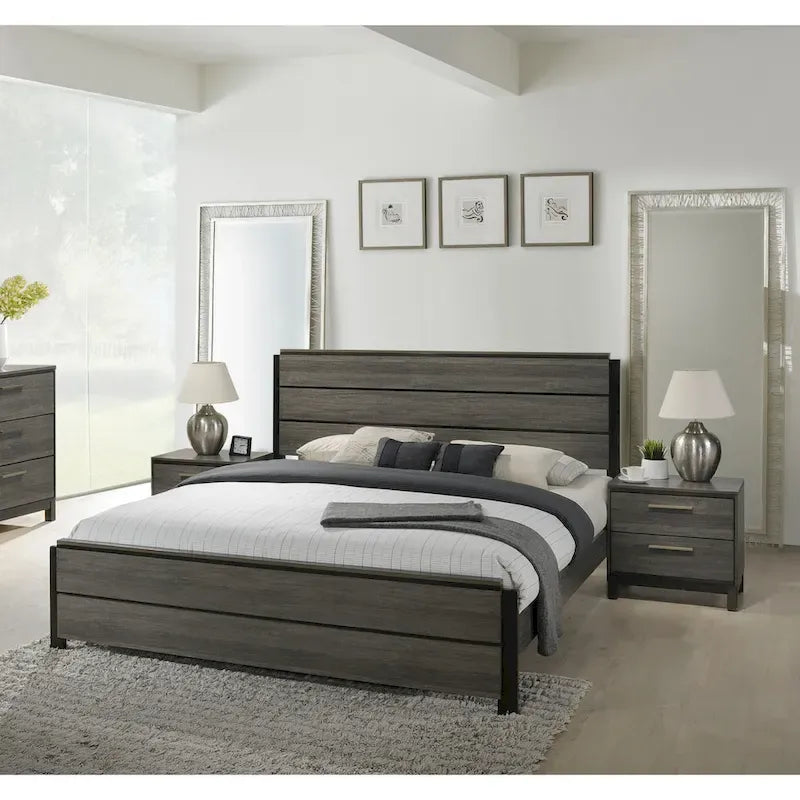 Ensemble de chambre à coucher 3 pièces Ioana gris antique en bois, lit à panneaux et deux tables de chevet