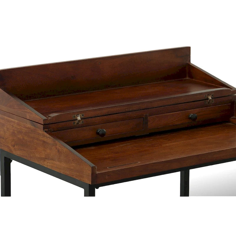 Bureau en bois de manguier massif avec 2 tiroirs - Châtaigne/Noir