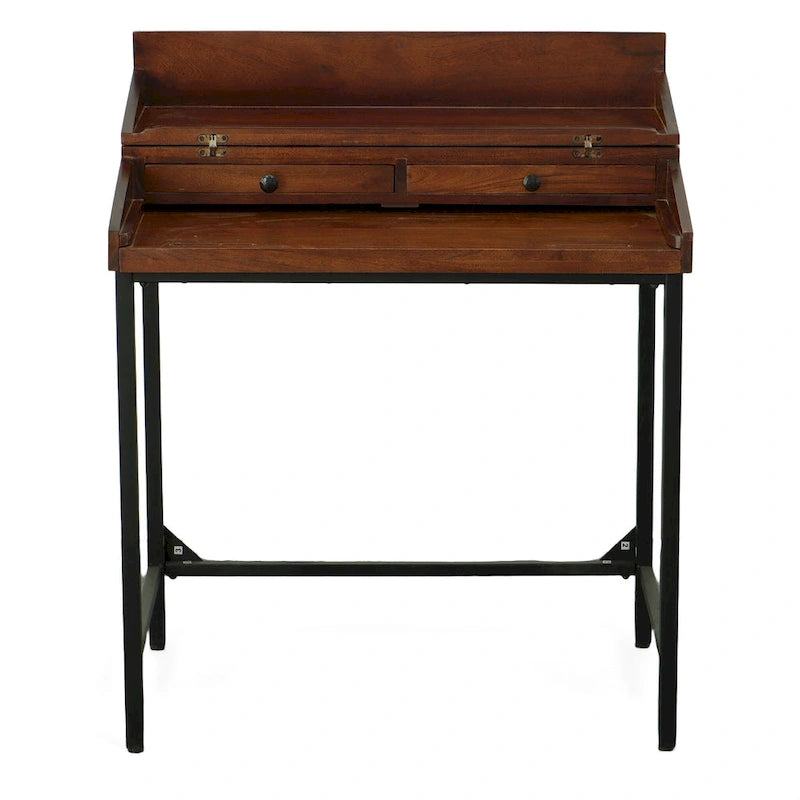 Bureau en bois de manguier massif avec 2 tiroirs - Châtaigne/Noir
