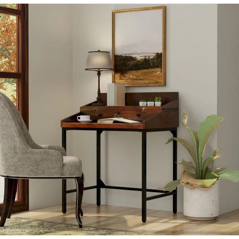 Bureau en bois de manguier massif avec 2 tiroirs - Châtaigne/Noir
