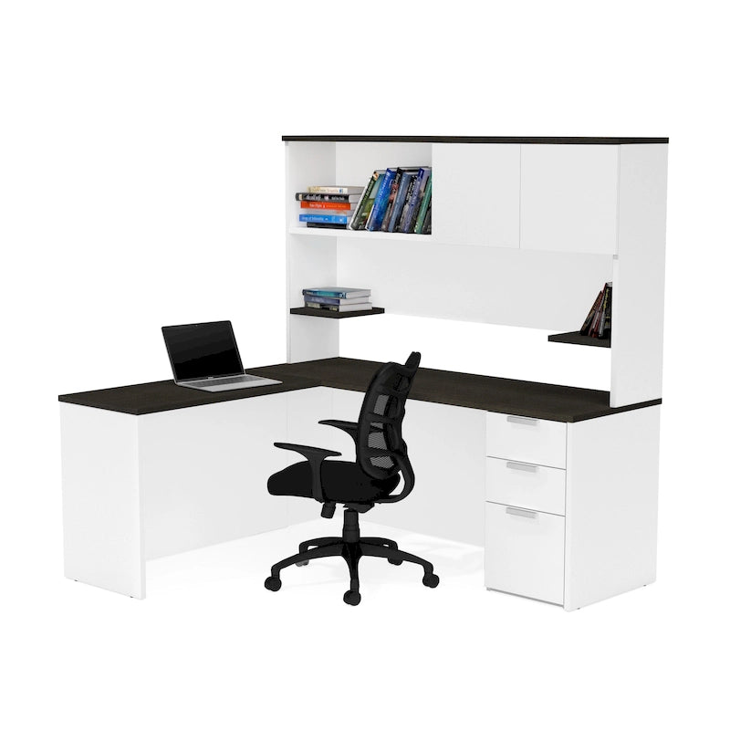 Bureau d'angle en mélamine blanc et gris anthracite / gris anthracite et noir avec huche, caisson à tiroirs et gestion des câbles