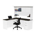 Bureau d'angle en mélamine blanc et gris anthracite / gris anthracite et noir avec huche, caisson à tiroirs et gestion des câbles