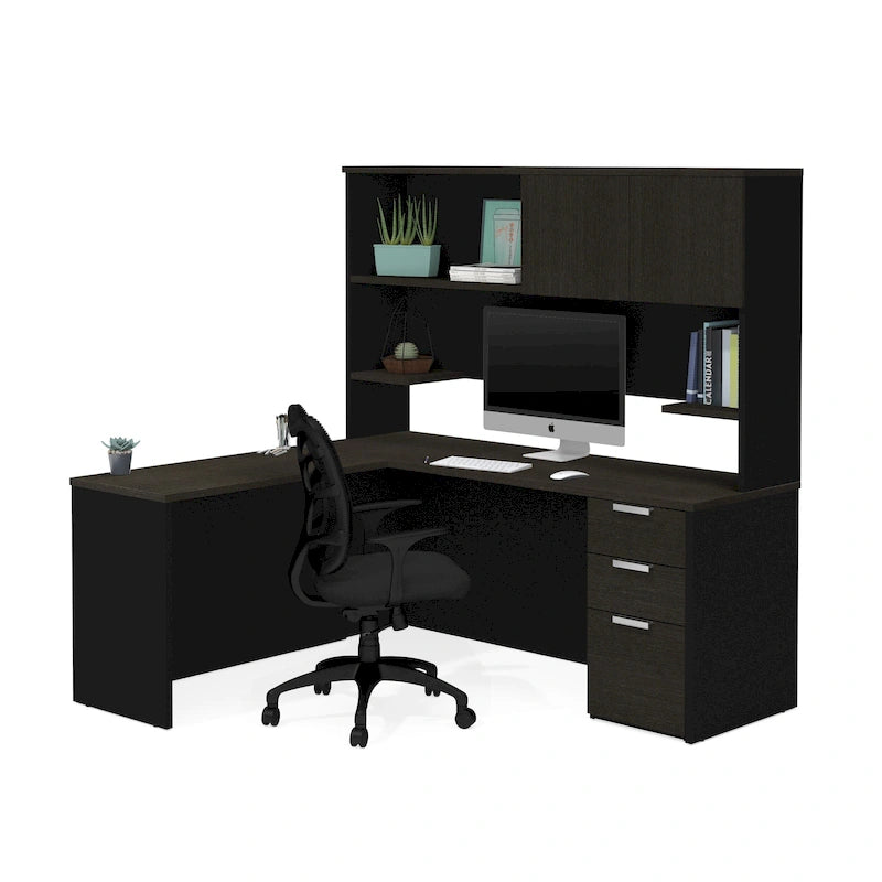 Bureau d'angle en mélamine blanc et gris anthracite / gris anthracite et noir avec huche, caisson à tiroirs et gestion des câbles