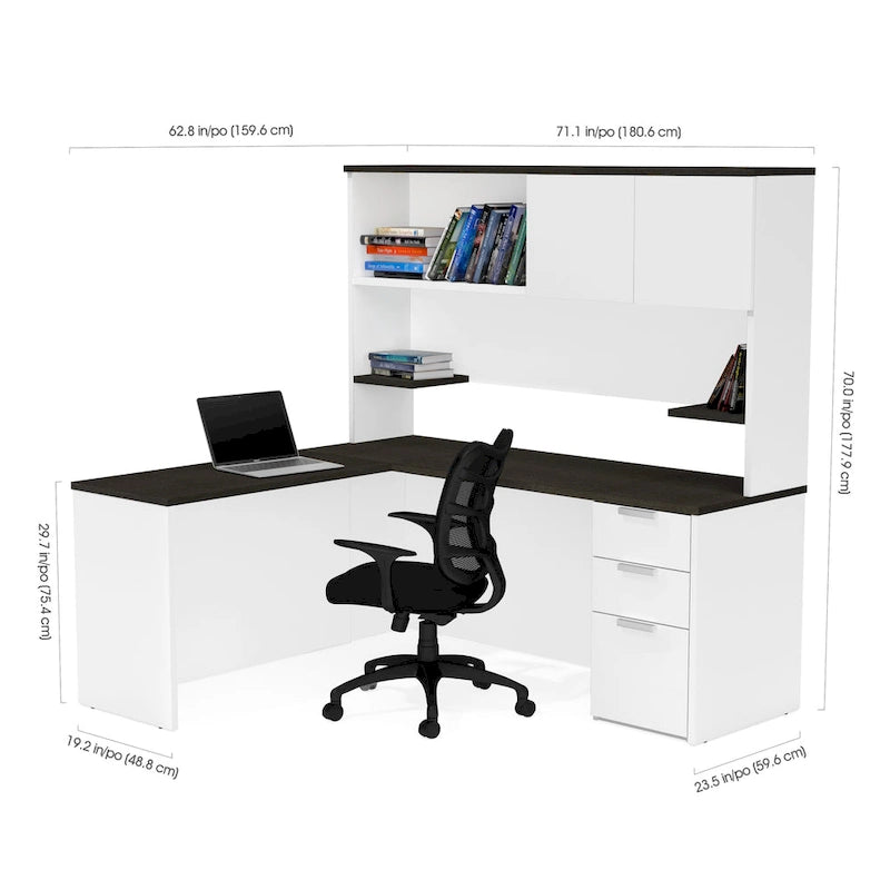 Bureau d'angle en mélamine blanc et gris anthracite / gris anthracite et noir avec huche, caisson à tiroirs et gestion des câbles