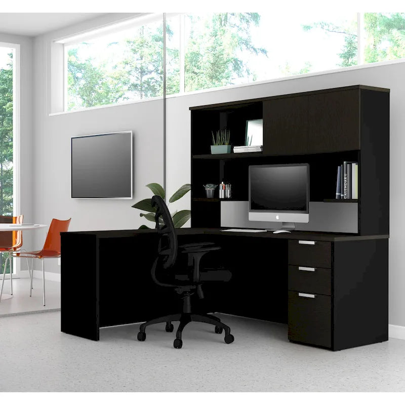 Bureau d'angle en mélamine blanc et gris anthracite / gris anthracite et noir avec huche, caisson à tiroirs et gestion des câbles