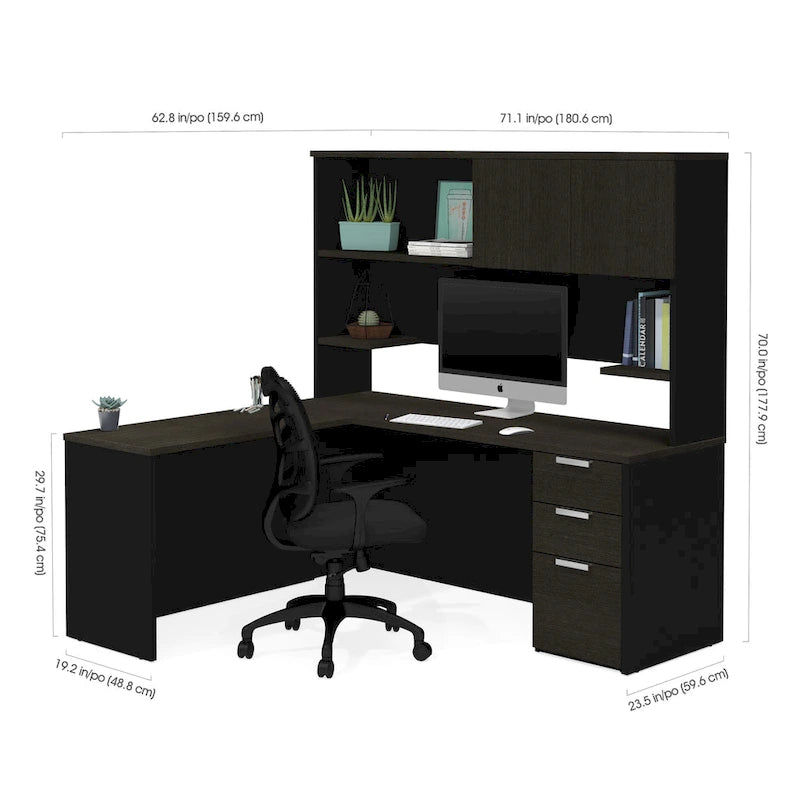 Bureau d'angle en mélamine blanc et gris anthracite / gris anthracite et noir avec huche, caisson à tiroirs et gestion des câbles