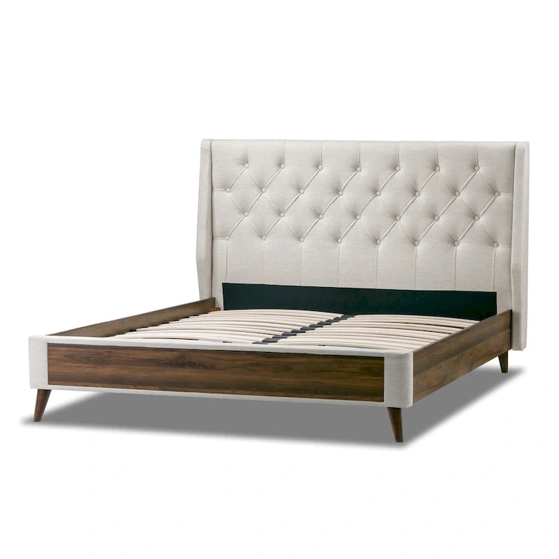 Lit capitonné en tissu beige et bois d'hévéa avec tête de lit capitonnée et pied de lit en placage de bois, simple / grand / très grand, 1-2 places
