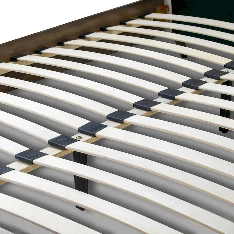 Lit capitonné en tissu beige et bois d'hévéa avec tête de lit capitonnée et pied de lit en placage de bois, simple / grand / très grand, 1-2 places