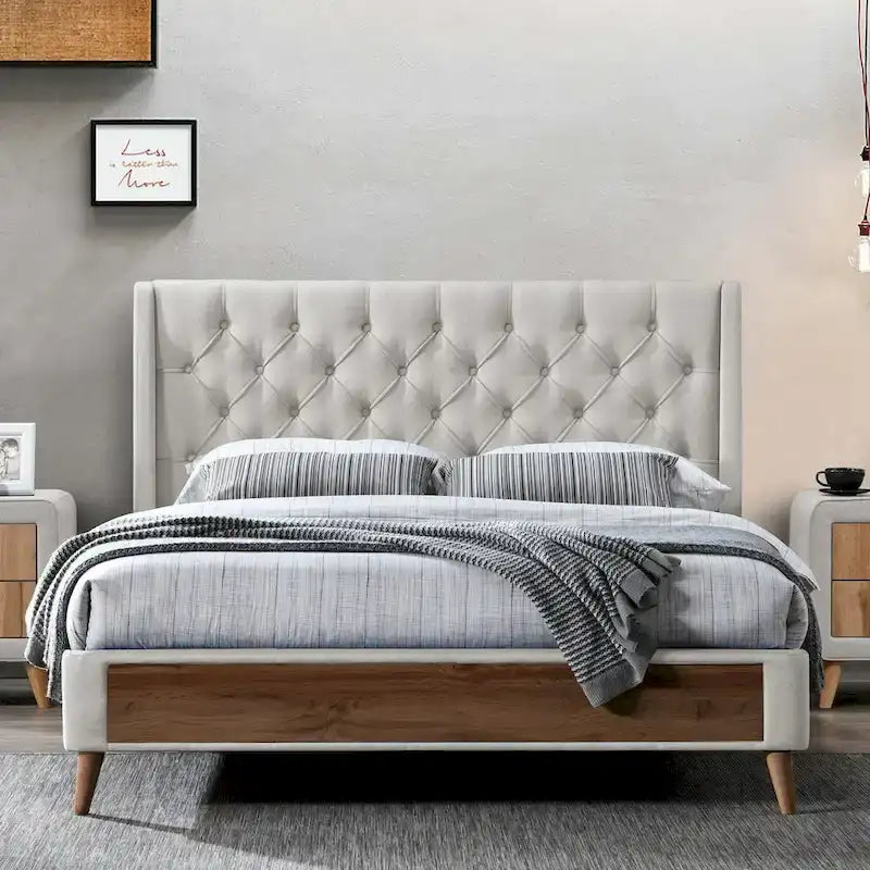 Lit capitonné en tissu beige et bois d'hévéa avec tête de lit capitonnée et pied de lit en placage de bois, simple / grand / très grand, 1-2 places
