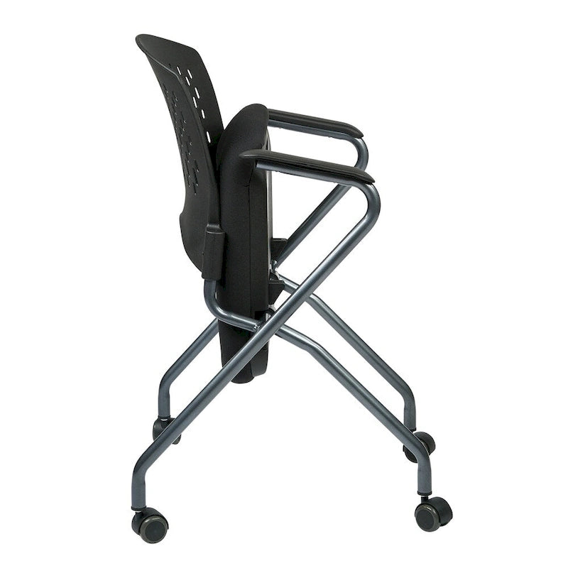 Chaises visiteur emboîtables à cadre en titane et tissu noir avec dossier enveloppant ventilé et roulettes doubles, lot de 2, 2 places