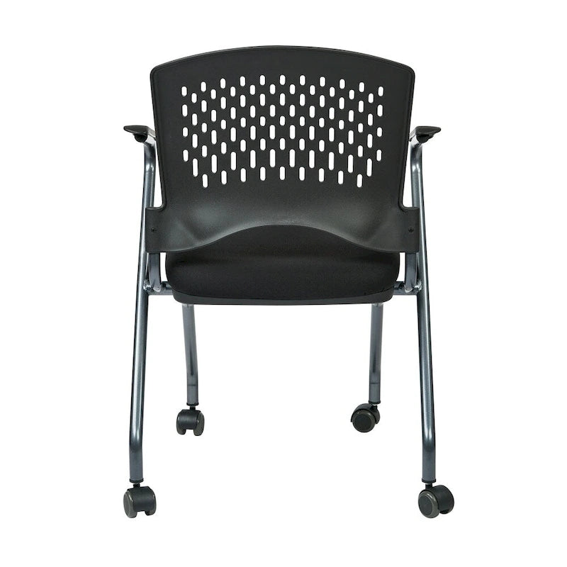 Chaises visiteur emboîtables à cadre en titane et tissu noir avec dossier enveloppant ventilé et roulettes doubles, lot de 2, 2 places