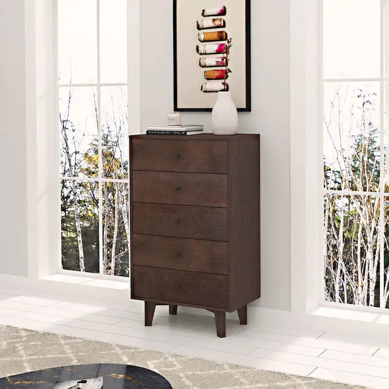 Buffet commode 7 tiroirs en bois de bouleau Auburn avec poignées rondes rétro et pieds en bouleau