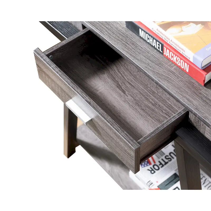 Console en MDF gris et noir vieilli avec 1 tiroir, étagère ouverte et pieds inclinés