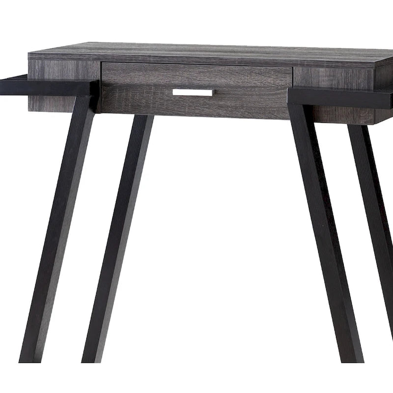 Console en MDF gris et noir vieilli avec 1 tiroir, étagère ouverte et pieds inclinés