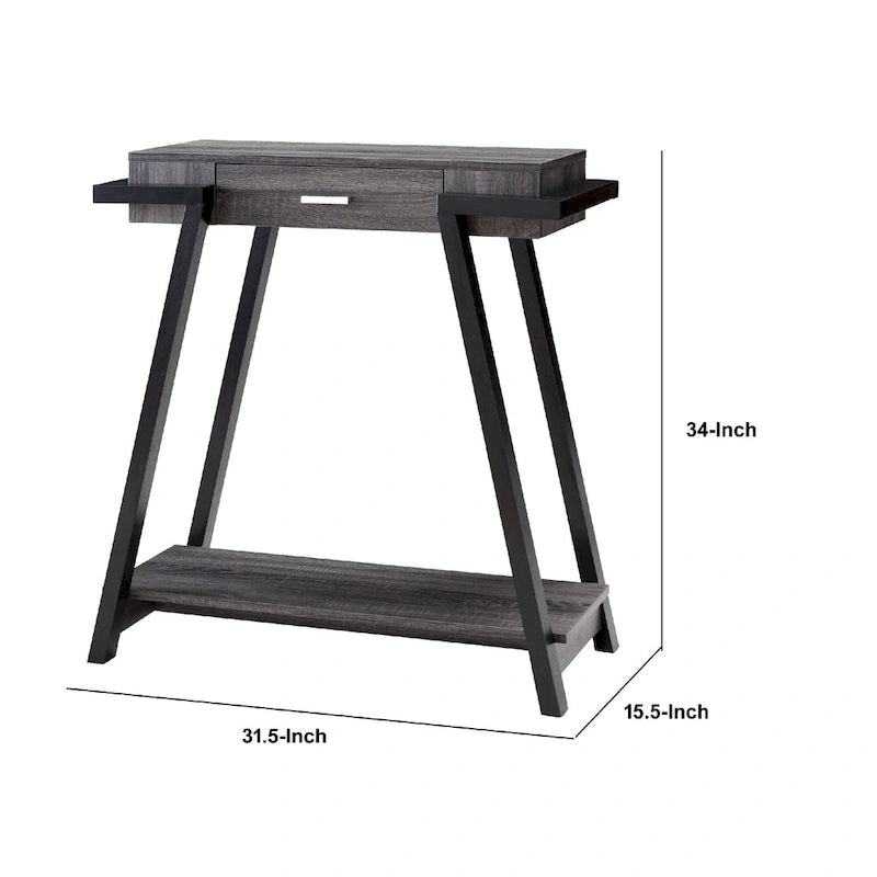 Console en MDF gris et noir vieilli avec 1 tiroir, étagère ouverte et pieds inclinés