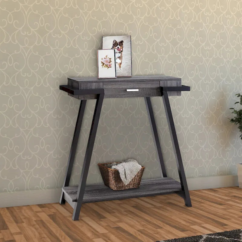 Console en MDF gris et noir vieilli avec 1 tiroir, étagère ouverte et pieds inclinés