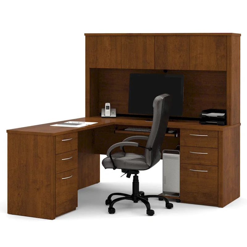 Bureau de travail en L avec 6 tiroirs, huche et crédence en mélaminé coloris brun Toscane / cerisier Cappuccino / chocolat noir / gris noyer, 1 place