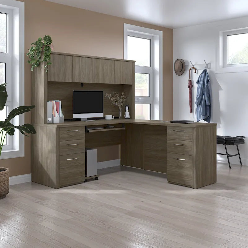 Bureau de travail en L avec 6 tiroirs, huche et crédence en mélaminé coloris brun Toscane / cerisier Cappuccino / chocolat noir / gris noyer, 1 place