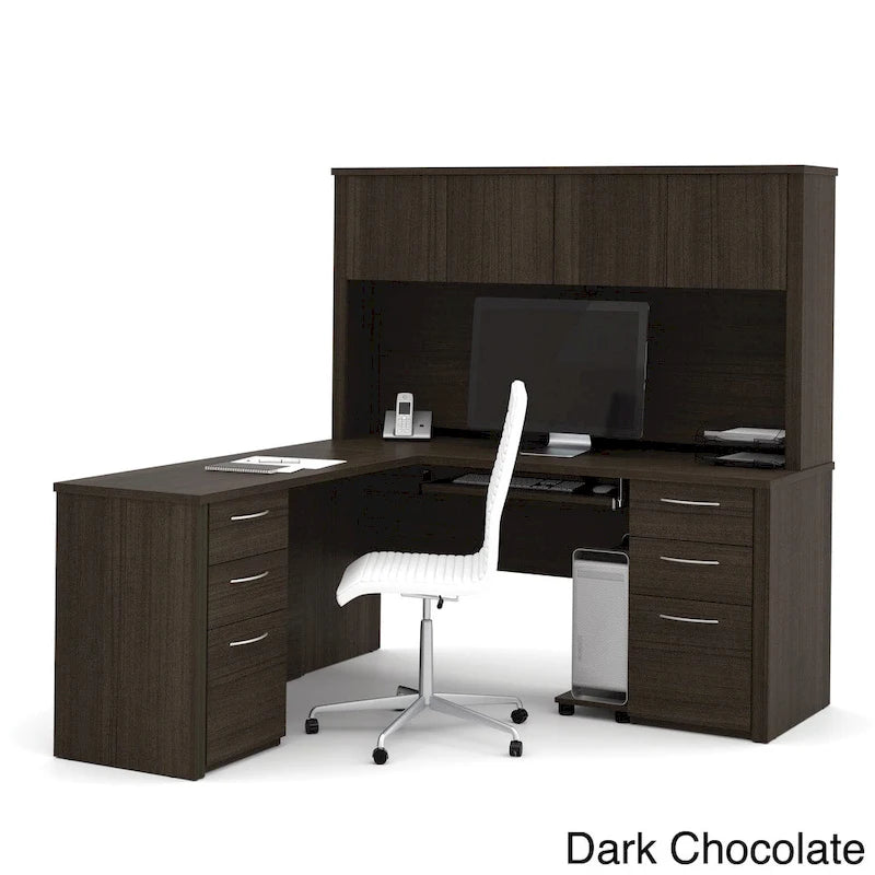 Bureau de travail en L avec 6 tiroirs, huche et crédence en mélaminé coloris brun Toscane / cerisier Cappuccino / chocolat noir / gris noyer, 1 place